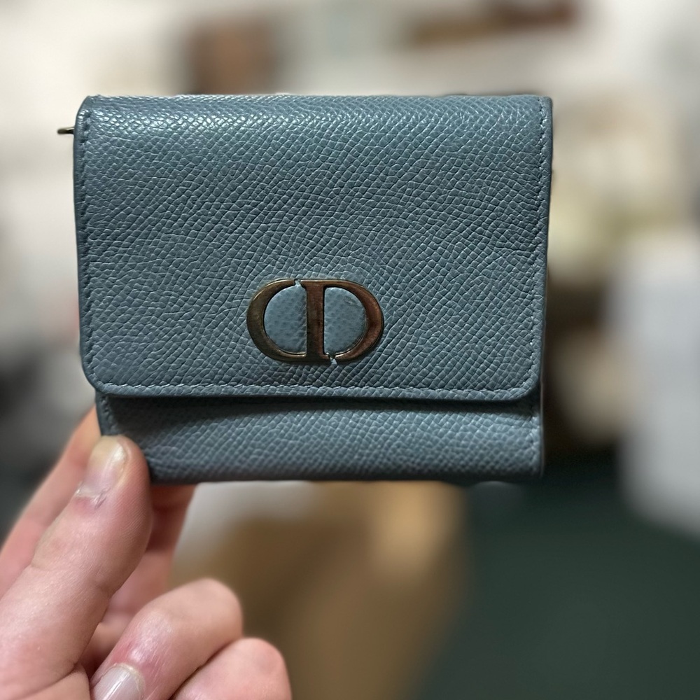 Dior Small Leather Wallet in Dusty Blue with CD Logo minor rubbing and fading